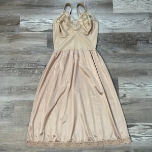Vintage Haband Lace Slip Dress Nude Pink Midi Coquette Lingerie 40 Fit (Small)